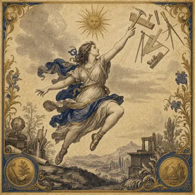 Engraved allegorical Activist figure stepping into a live learning task.