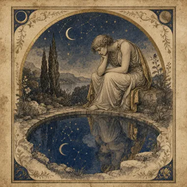 Engraved allegorical Reflector figure observing evidence before acting.