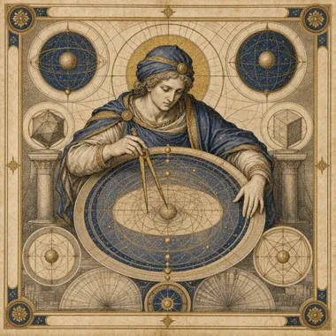 Engraved allegorical Theorist figure arranging concepts into a structured model.