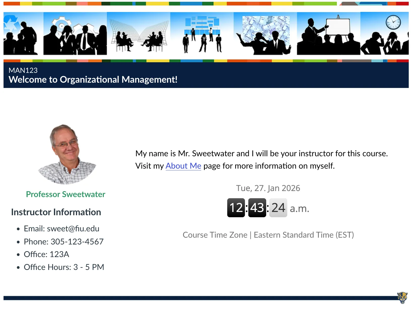 A case-method course welcome page with instructor information, a course welcome, and a placeholder instructor name.