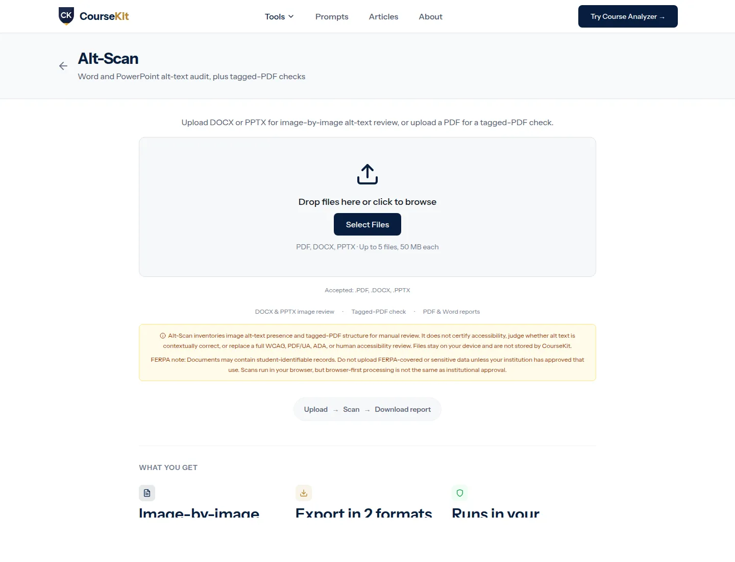 CourseKit Alt-Scan reporting accessibility issues found in a course.