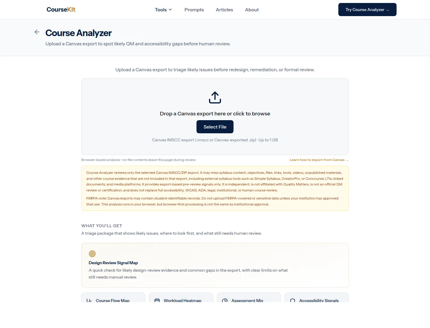 CourseKit Course Analyzer upload screen, where an instructional designer drops in a course export to begin a Quality Matters readiness review.