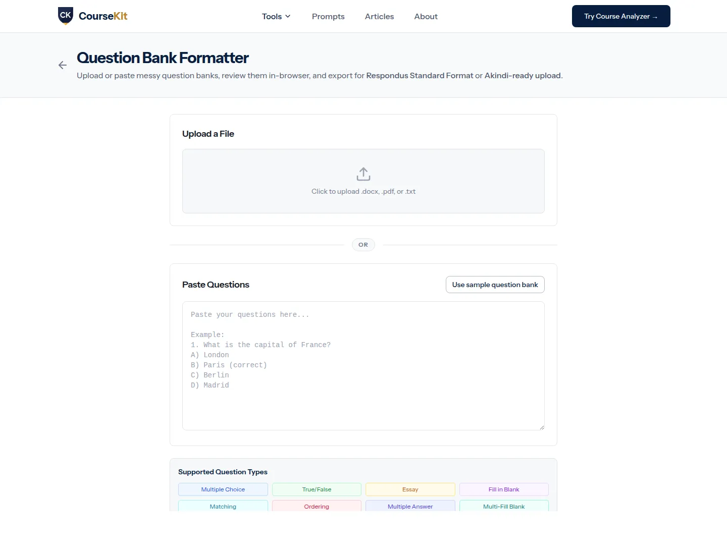 CourseKit Question Bank Formatter converting a question set into an import-ready bank.