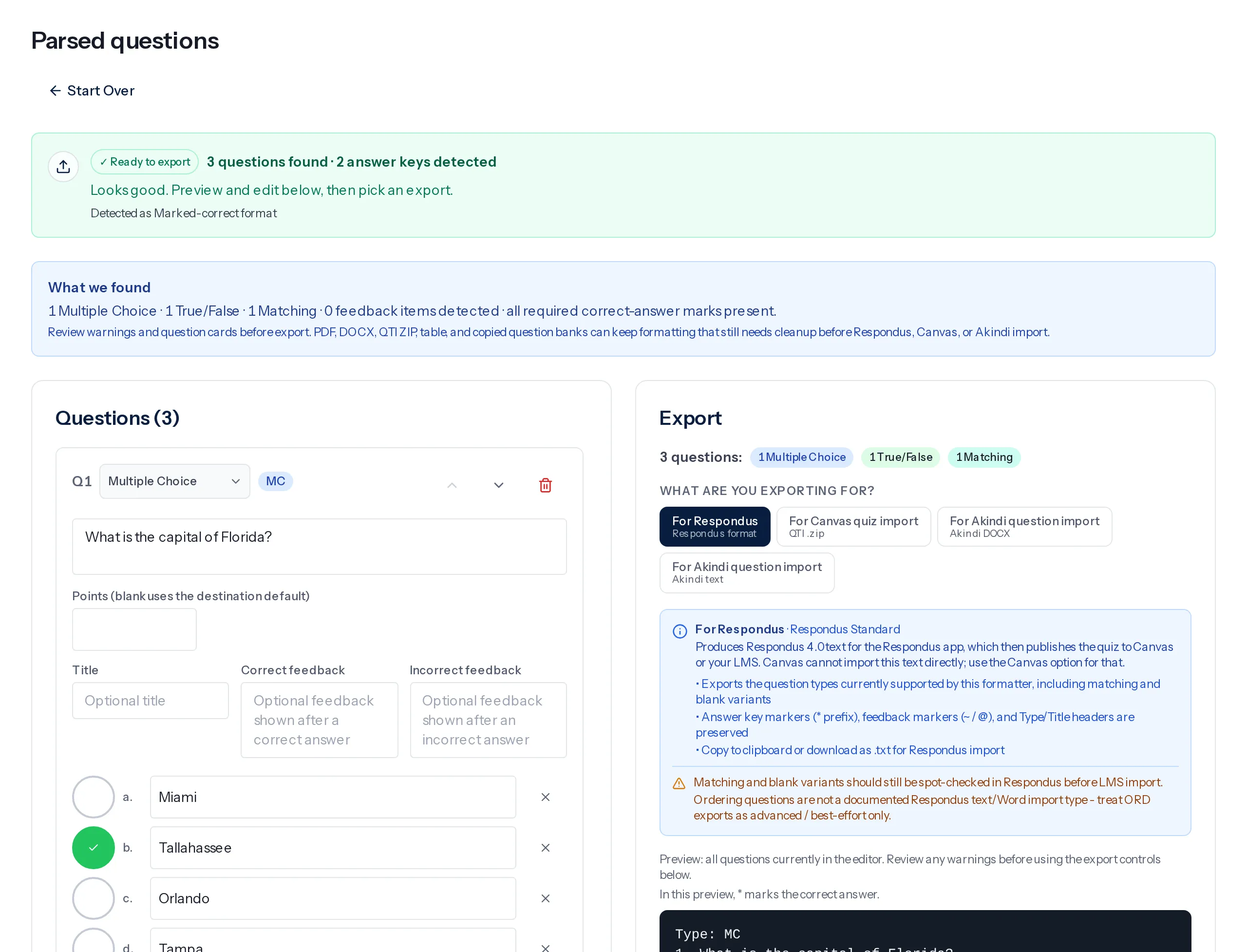 CourseKit Question Bank Formatter with a sample bank parsed into three questions, an editable multiple-choice question, and an export panel with Respondus output.