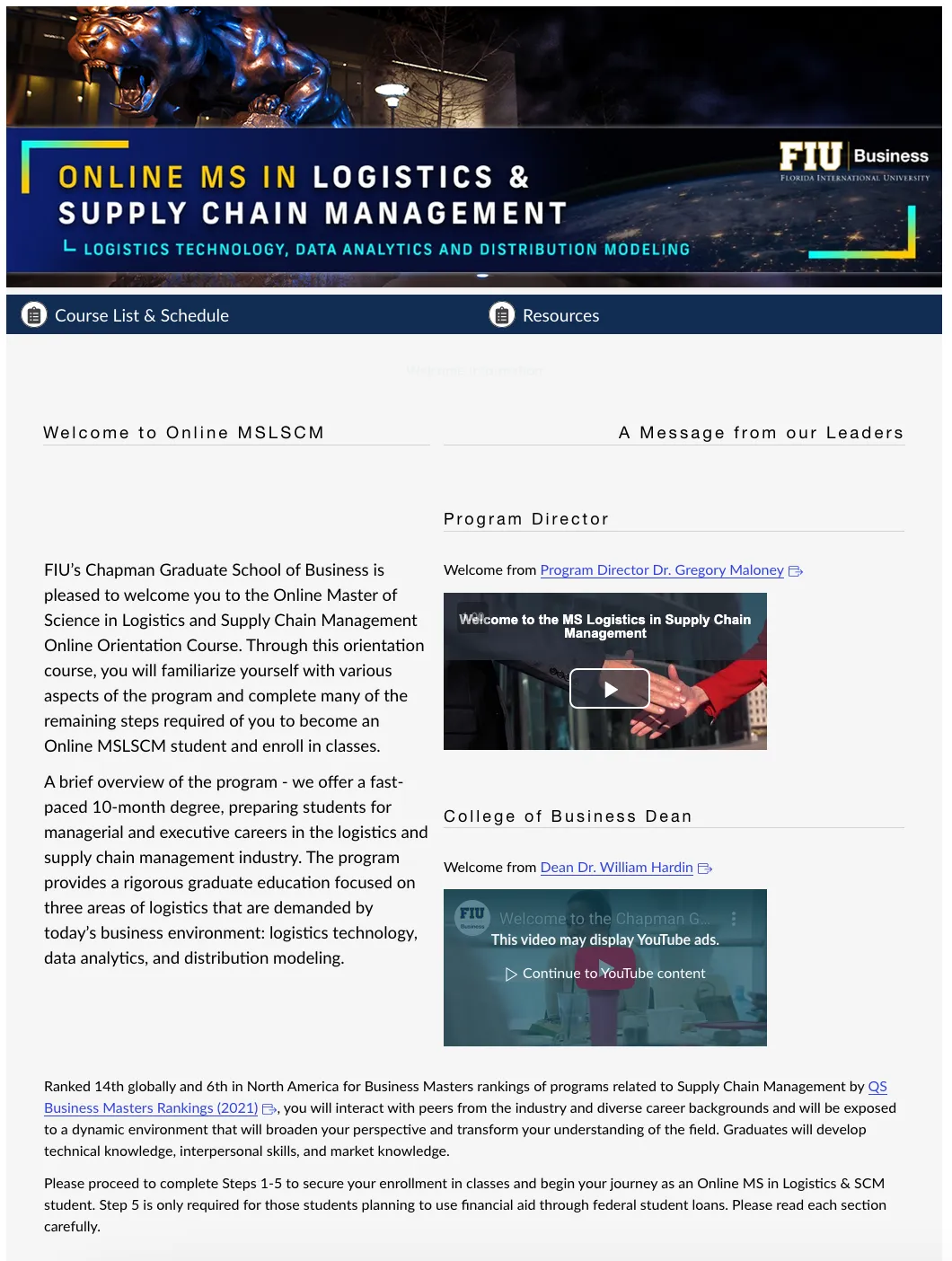 A Canvas orientation page for an online logistics and supply-chain management program.
