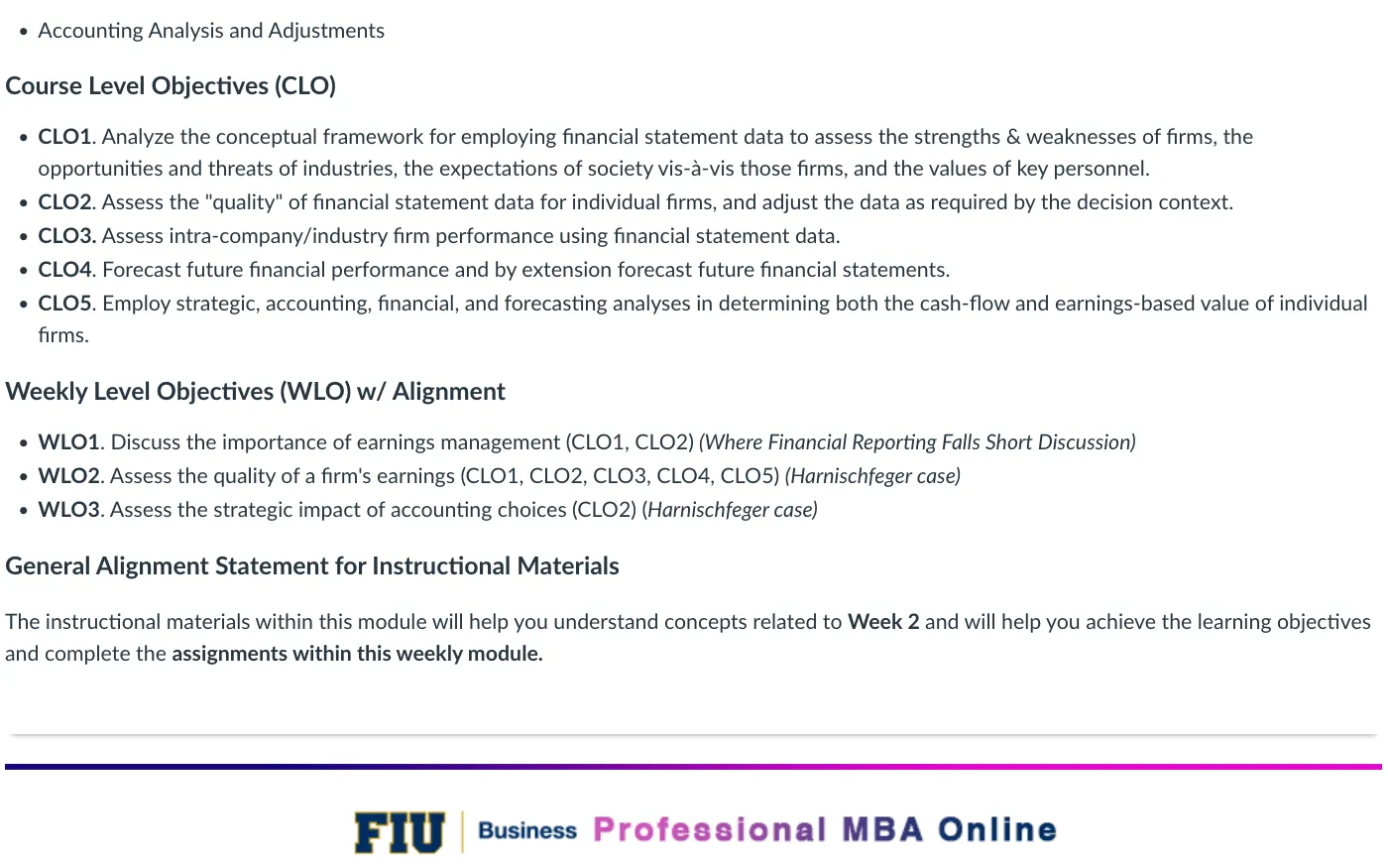 A Professional MBA Online objectives-alignment page with course-level and weekly objectives, alignment statements, and a Professional MBA Online footer.